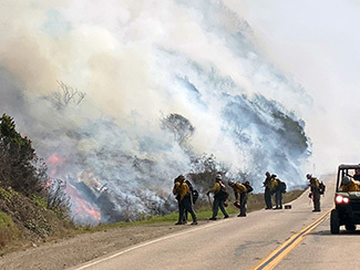 A hot shot crew works on a burnout operation as part of the Dolan Fire response.