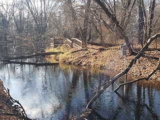 A pond, observation platform and wood duck nest box are shown from a local park in Lansing.