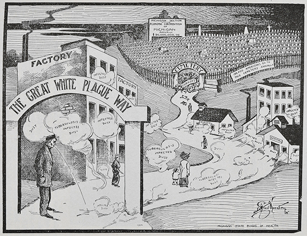 A newspaper cartoon on Michigan's tuberculosis battle is shown.