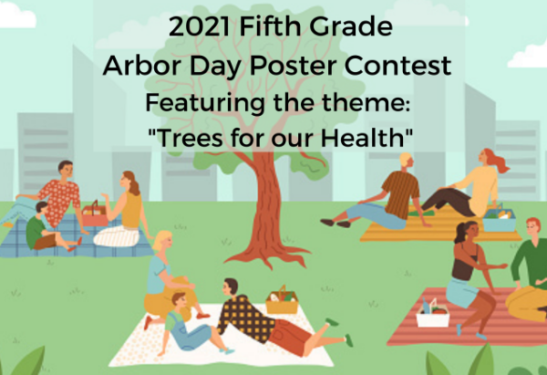 Arbor Day image of people in a park advertising 5th grade poster contest