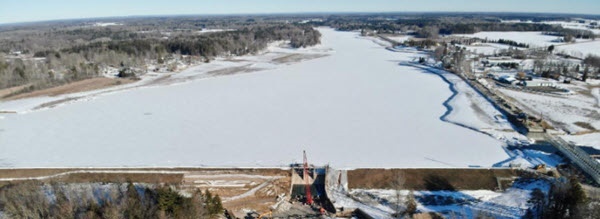 aerial view of snow- and ice-covered water near Edenville Dam