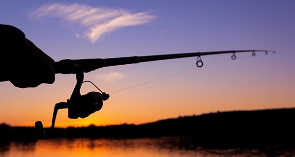 a shadow of a hand holding a fishing pole, set against a dusky orange sky and water