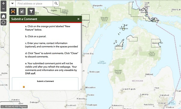 a view of the Michigan DNR's state land review map with an overlay of the 10 counties under review