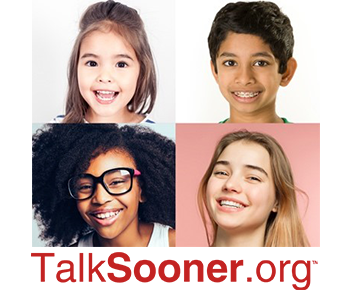 Four kids, TalkSooner logo