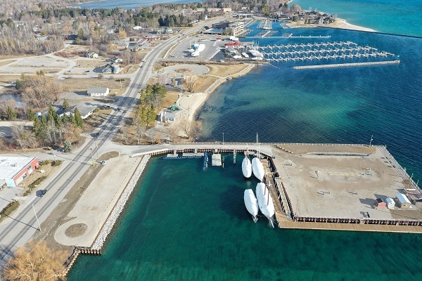aerial view of Discovery Pier and Park in Traverse City, Michigan