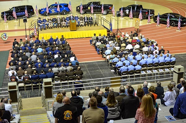 A wide view shows a police officers memorial ceremony at Northern Michigan University in Marquette in 2016.