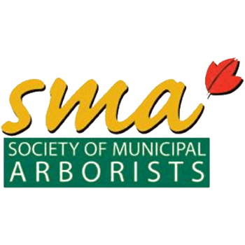 Society of Municipal Arborists logo, created with gold text and an orange leaf. 