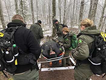 group of park staff transports a rescue litter through forest