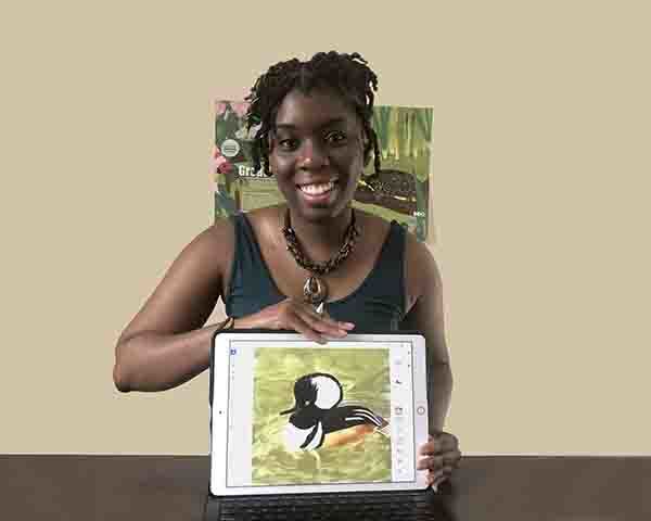 Shennelle Anthony is shown with the hooded merganser computer drawing she made for the DNR hunting digest