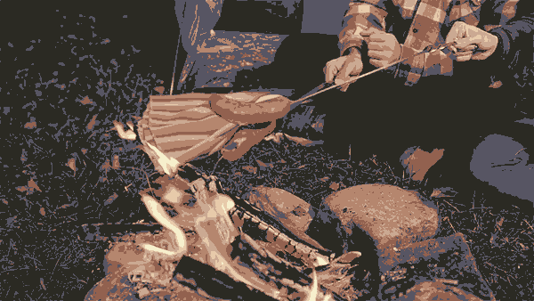 animated image of roasting hot dogs over campfire