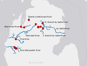 Map of northern Michigan marking rivers infested with New Zealand mudsnails