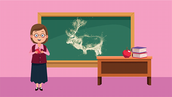 An animated drawing of a teacher nodding while they hold an apple with a desk to their left and an elk drawn on the blackboard.