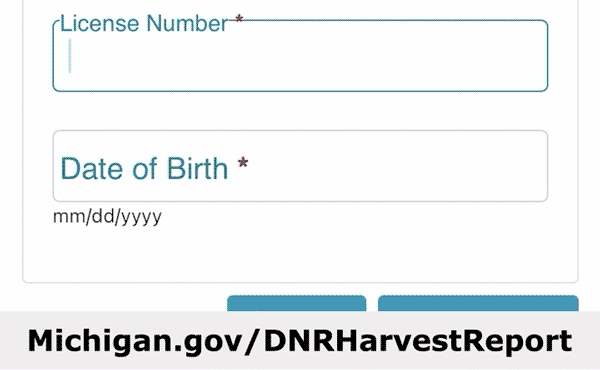 An animated image of numbers being typed into an online form with the text Michigan.gov/DNRHarvestReport across the bottom.