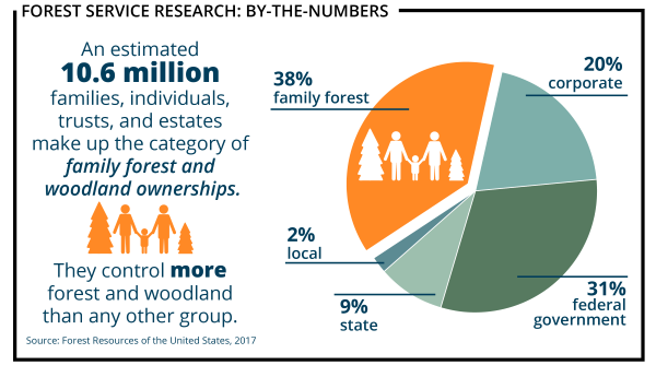 Pie chart of forest ownership: Family forests 38%, corporate 20%, federal 31%, 9% state and 2% local. 