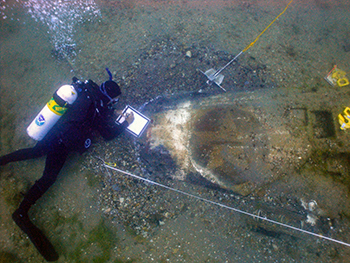 A diver swims over the submerged wing of the crashed Airacobra in Lake Huron.
