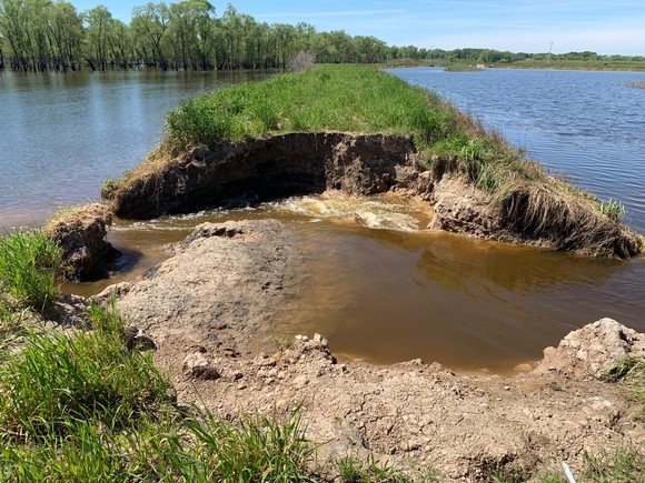A grass covered dirt levee in a wetland area with water on both sides and partially eroded and washed away by flood waters.