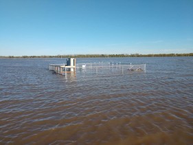 A water control structure and surrounding fencing mostly submerged under flood waters.