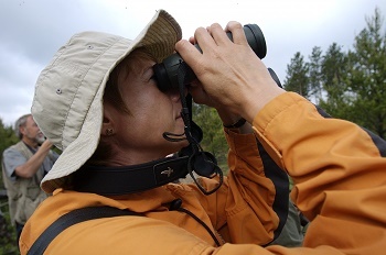 profile, head and shoulders view of a woman with short dark hair, wearing a tan hat and orange jacket and looking through binoculars