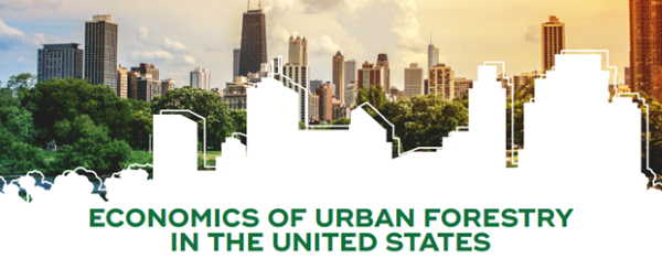 Banner image with trees and cityscape with the text "economics of urban forestry in the united states"