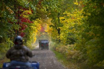 Three people on ORVs travel down a gravel road in the forest surrounded by autumn foliage