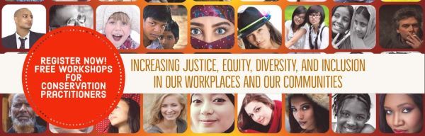 Banner with diverse faces and text: Increasing justice, equity, diversity, and inclusion in our workplaces and communities 