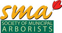 Logo for society of municipal arborists in gold and green with an orange leaf