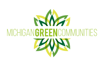 Michigan Green Communities logo, with green text and green starburst graphic