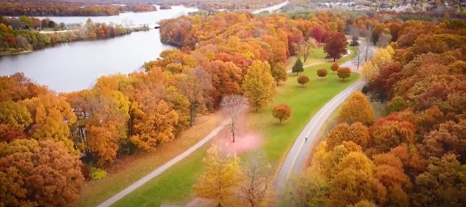 aerial view of changing colors (oranges, reds, yellows) in the Michigan forest, with a body of water and road nearby