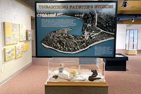 an exhibition hall with an artifact case in the foreground and a large aerial image of a wooded peninsula in the background. 