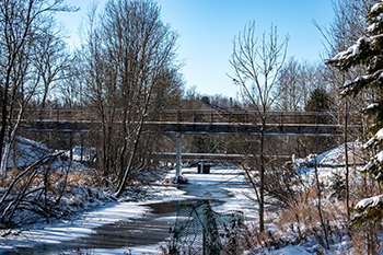 The newly opened snowmobile bridge is shown amidst a wintry scene today in Dickinson County.