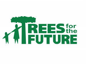 Trees for the Future Logo in green text, with two people holding hands and a tree trunk