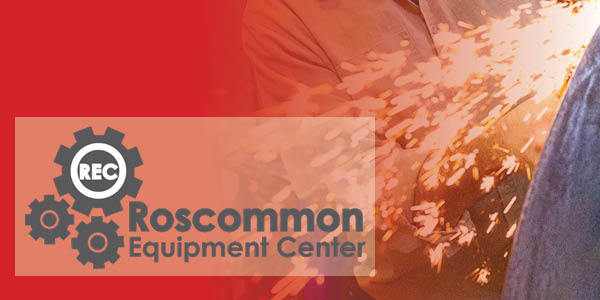 Roscommon Equipment Center logo with gears on a red background with sparks