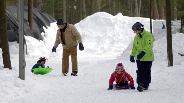 Two adults pull two children in bright winter coats on sleds