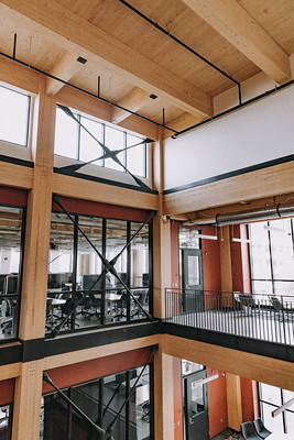 Mass timber building interior, showing wood panels, at Michigan State University