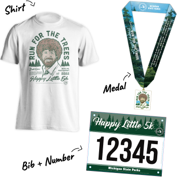 T-shirt, bib number and finisher's medal for the Bob Ross-inspired 2022 Happy Little Trees Virtual 5K