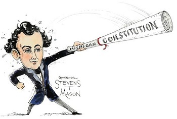 A color illustration showing Stevens T. Mason brandishing a rolled up Michigan Constitution