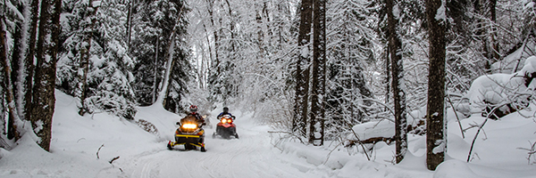 Two snowmobilers ride a trail on a snowy afternoon in Marquette County.