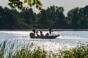 side view of three people on a fishing boat in the middle of a sunlit lake, framed by green trees and plants in the foreground
