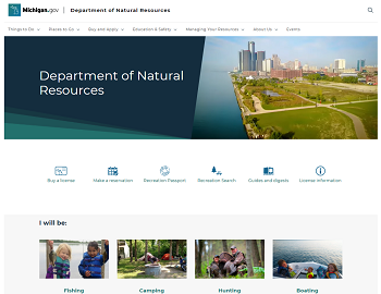 screenshot of new Michigan DNR website, dark blue header and downtown park photo at top, then hunt, fish, camp and boat icons