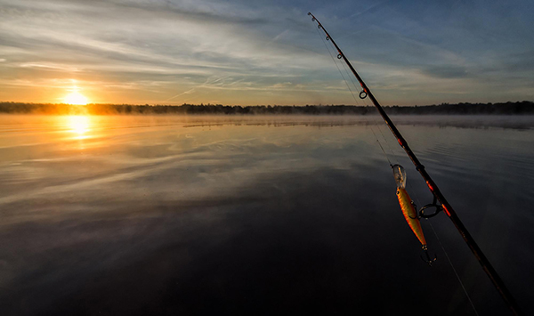 Fishing pole cast over misty lake at sunset