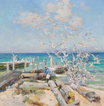 The Gulls of Leland, an impressionist painting of a man standing with a flock of seagulls flying into the air over his right shoulder.