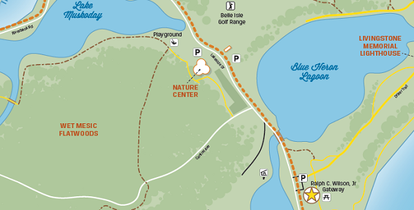 cropped section of a map of Belle Isle Park, showing lakes, trails and other key points of interest. 
