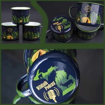 several views of DNR Wildtalk black mugs, featuring brightly colored images of forest, tent, deer, Michigan outline, stars and DNR logo
