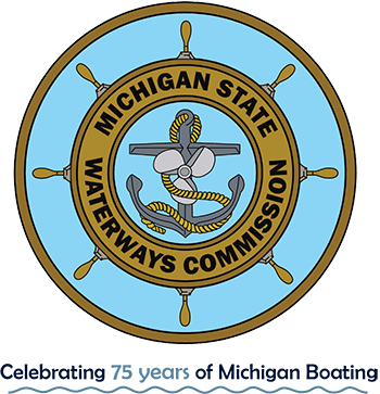 Michigan State Waterways Commission logo with Celebrate 75 years of Michigan boating tagline