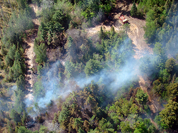 Smoke and firefighting equipment photographed from the air on the Duck Lake Fire.