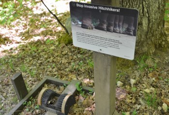 A trailhead sign urging visitors to utilize the boot brush on the ground next to it to prevent the spread of invasive species.