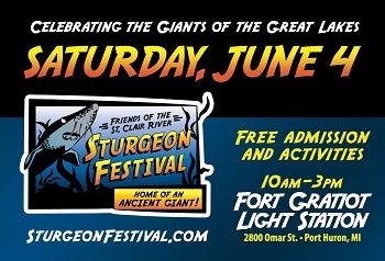 a vintage-style graphic ad in dark teal, black, and bright orange and yellow, for the June 4 Sturgeon Festival in Port Huron
