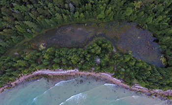 aerial view of lake on Beaver Island and Lake Michigan shoreline