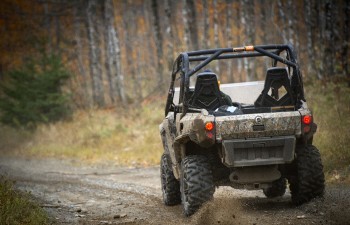An ORV travels down a dirt road in a forest.