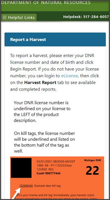 eLicense harvest reporting screenshot